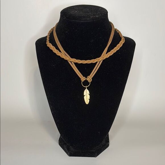 Braided Tan Choker Necklace with Gold Tone Feather Pendant- Two Necklaces 11-15 - Picture 1 of 7